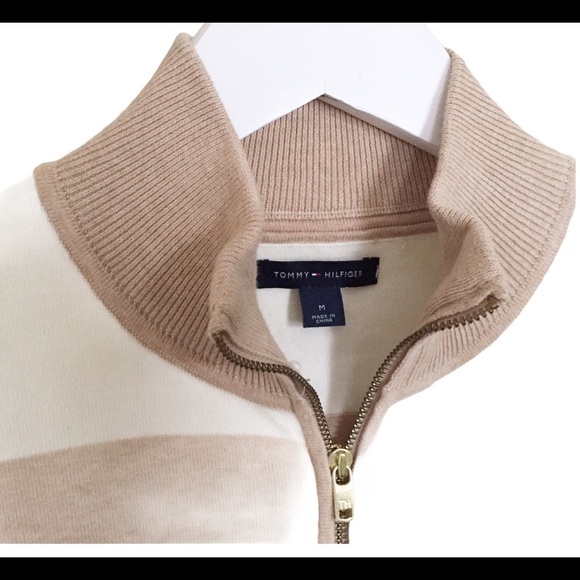 TOMMY HILFIGER Stripe School Preppy Cardigan With Zipper Knit Tan/Beige Medium - Picture 3 of 9